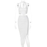Women Summer White Modest Halter Sleeveless High Waist Solid Skinny MidiTwo Piece Skirt Set