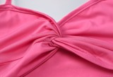 Women Summer Pink Sexy Halter Sleeveless High Waist Solid Ripped Regular MidiTwo Piece Skirt Set