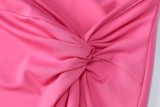 Women Summer Pink Sexy Halter Sleeveless High Waist Solid Ripped Regular MidiTwo Piece Skirt Set