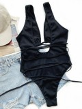 Women Black Halter V-Neck Solid Lace Up One Piece Swimsuit