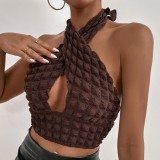 Women Summer Brown Streetwear Halter Solid Crop Top