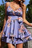 Women Summer Purple Sweet V-neck Sleeveless Floral Print Belted Mini A-line Holiday Dress