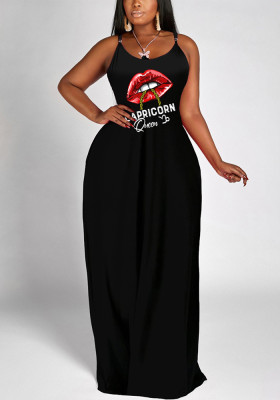 Women Summer Black Casual Halter Sleeveless Letter Print Maxi Loose Plus Size Long Dress
