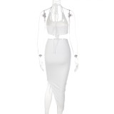 Women Summer White Modest Halter Sleeveless High Waist Solid Skinny MidiTwo Piece Skirt Set