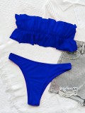 Women Blue Ruffle-Strap Strapless Solid Cascading Ruffle Two Piece Swimwear