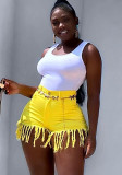 Women Summer Yellow Straight High Waist Zipper Fly Solid Fringed Regular Hot Shorts