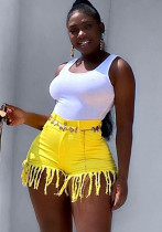 Women Summer Yellow Straight High Waist Zipper Fly Solid Fringed Regular Hot Shorts