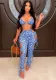 Women Summer Blue Sexy V-neck Sleeveless High Waist Dot Print Lace Up Regular Two Piece Pants Set