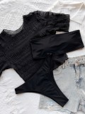 Women Black Cover-Up Round Neck Solid Three Piece Swimwear