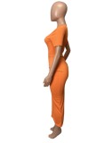 Women Summer Orange Modest O-Neck Short Sleeves Solid Ripped Maxi Dress