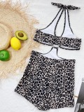 Women Printed Halter Round Neck Leopard Print Hollow Out One Piece Swimsuit