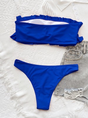 Women Blue Ruffle-Strap Strapless Solid Cascading Ruffle Two Piece Swimwear