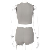 Women Summer Grey Casual Turtleneck Sleeveless High Waist Solid Regular Two Piece Shorts Set