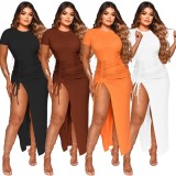 Women Summer Brown Modest O-Neck Short Sleeves Solid Ripped Maxi Dress