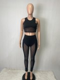Women Summer Black Casual O-Neck Sleeveless High Waist Solid Regular Two Piece Pants Set