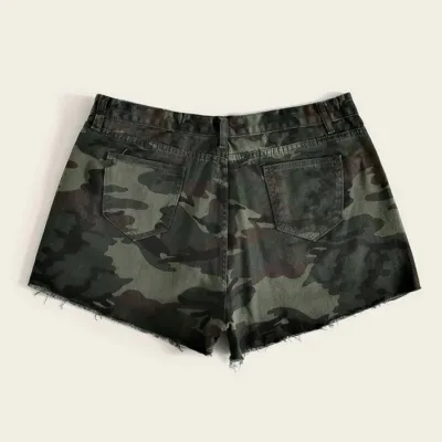 Women Summer Printed Straight High Waist Zipper Fly Camo Hollow Out Regular Board Shorts