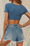 Women Summer Blue Streetwear Square Collar Short Sleeves Solid Button Crop Top