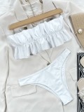Women White Ruffle-Strap Strapless Solid Cascading Ruffle Two Piece Swimwear