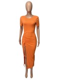 Women Summer Orange Modest O-Neck Short Sleeves Solid Ripped Maxi Dress