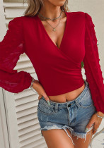 Women Spring Red Modest V-neck Full Sleeves Solid Regular Blouse
