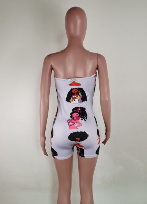 Women Summer Printed Sexy Strapless Sleeveless Cartoon Print Above Knee Regular Rompers