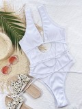 Women White Halter V-Neck Solid Lace Up One Piece Swimsuit