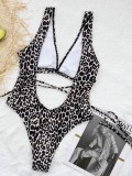 Women Printed Halter V-Neck Leopard Print Hollow Out One Piece Swimsuit