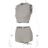 Women Summer Grey Casual Turtleneck Sleeveless High Waist Solid Regular Two Piece Shorts Set