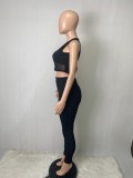 Women Summer Black Casual O-Neck Sleeveless High Waist Solid Regular Two Piece Pants Set