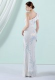 Women Summer White Romantic Slash Neck Sleeveless Sequined Wedding Dress