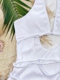 Women White Halter V-Neck Solid Lace Up One Piece Swimsuit