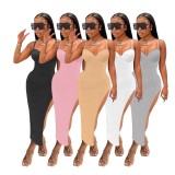 Women Summer White Sexy Strap Sleeveless Solid Ripped Maxi Dress