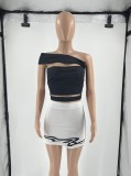 Women Summer Black Casual Slash Neck Sleeveless High Waist Striped Print Regular MiniTwo Piece Skirt Set
