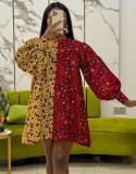 Women Spring Printed Casual O-Neck Full Sleeves Floral Print Mini Loose Shirt Dress