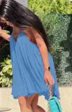Women Summer Blue Romantic Halter Sleeveless Solid Midi Loose Plus Size Casual Dress