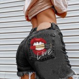 Women Summer Black High Waist Zipper Fly Printed Fringed Short Regular Jeans Shorts