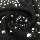 Women Summer Black Sexy O-Neck Full Sleeves Diamonds Midi Straight Club Dress