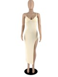 Women Summer Nude Sexy Strap Sleeveless Solid Ripped Maxi Dress