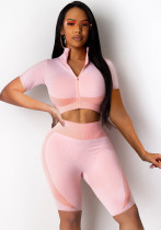 Women Summer Pink Short Sleeves High Waist Color Blocking Tight Short Tracksuit