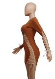 Women Summer Brown Sexy Full Sleeves Solid Lace Up Mini Straight Club Dress