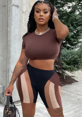 Women Summer Brown Casual O-Neck Short Sleeves High Waist Color Blocking Regular Two Piece Shorts Set