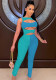 Women Summer Blue Sexy O-Neck Sleeveless High Waist Color Blocking Hollow Out Skinny Two Piece Pants Set