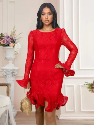 Women Spring Red Vintage O-Neck Full Sleeves Floral Print Cascading Ruffle Mini Bodycon Dress