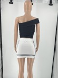 Women Summer Black Casual Slash Neck Sleeveless High Waist Striped Print Regular MiniTwo Piece Skirt Set