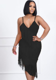 Women Summer Black Sexy V-neck Sleeveless Solid Fringed Sheath Midi Dress