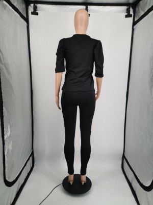 Women Spring Black Casual O-Neck Half Sleeves High Waist Solid Pockets Regular Two Piece Pants Set