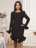 Women Spring Black Vintage O-Neck Full Sleeves Floral Print Cascading Ruffle Mini Bodycon Dress