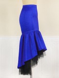 Women Spring Blue Romantic High Waist Zipper Fly Solid Mesh Midi Asymmetrical Skirts