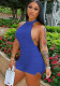 Women Summer Blue Casual Halter Sleeveless Solid Ripped Above Knee Regular Rompers