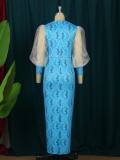 Women Spring Blue Modest Square Collar Full Sleeves Printed Maxi Dress